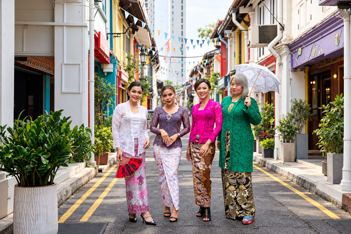 Four women in white, purple, pink and green kebayas with batik skirts on a Singapore shophouse street
