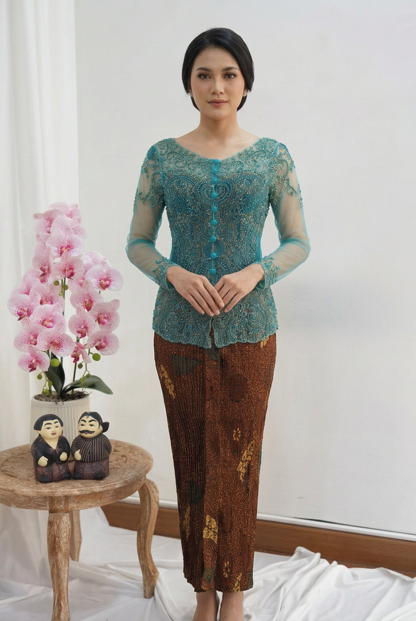 Turquoise blue Kebaya Kendedes on a model