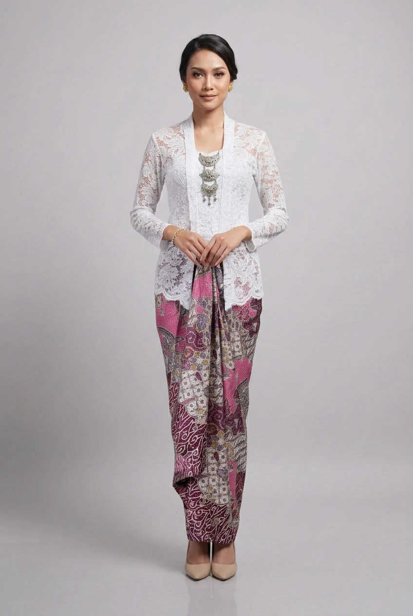 White Kebaya Saloma Set on matching model