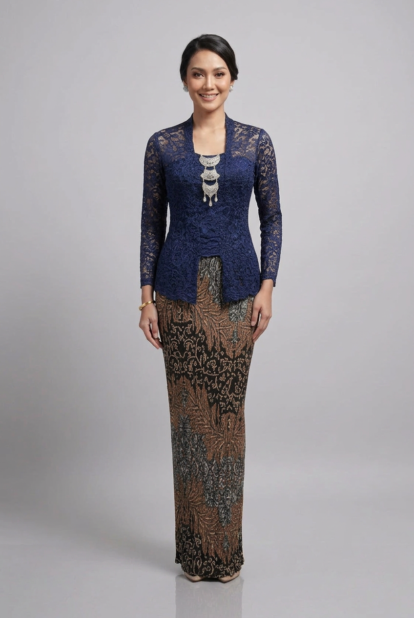 Navy Kebaya Saloma Set on matching model