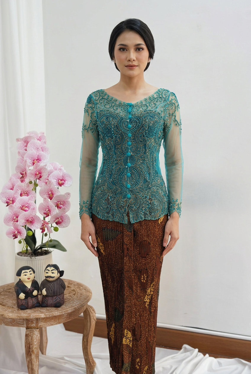 Teal Kebaya Kendedes on a model