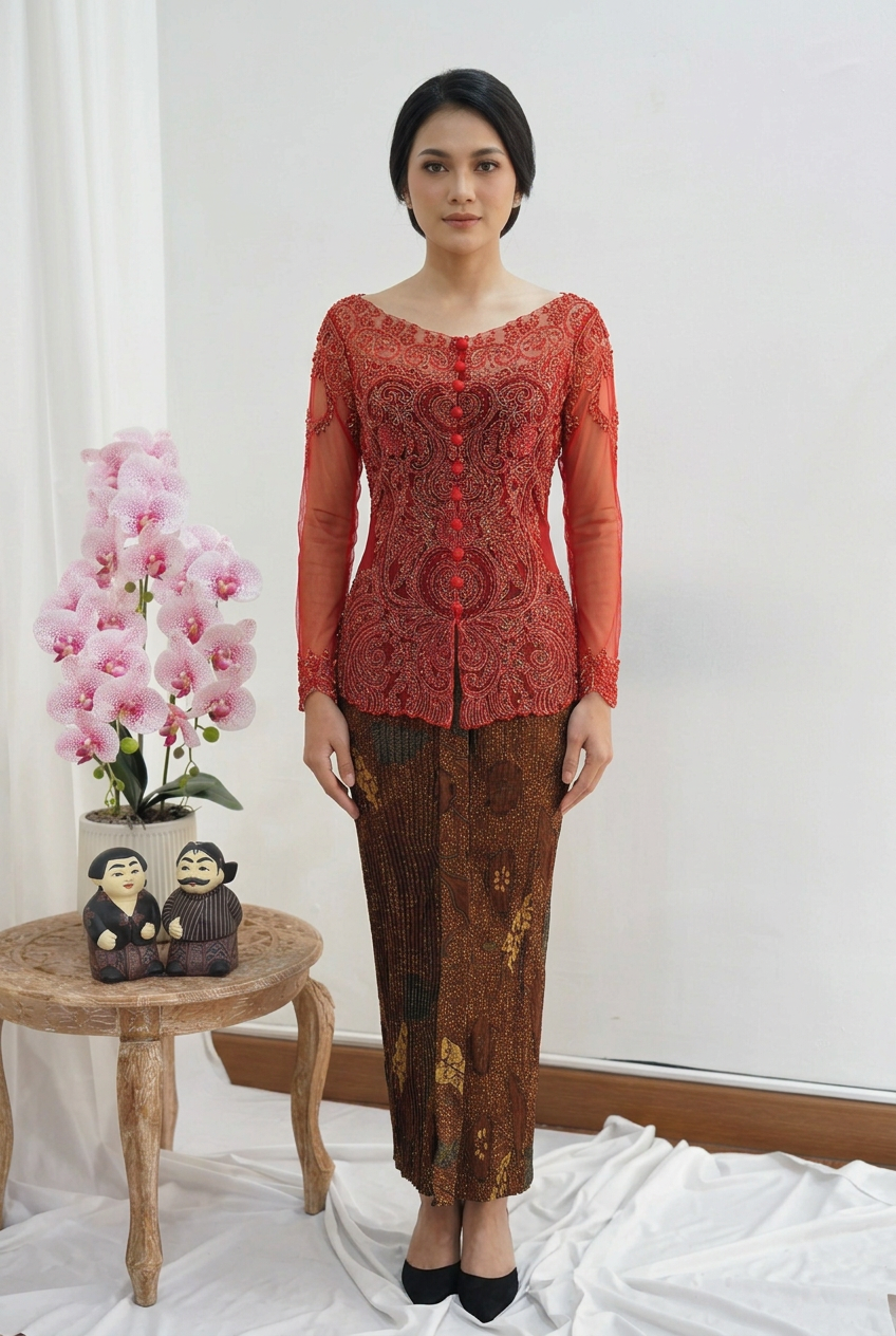 Red Kebaya Kendedes on a model
