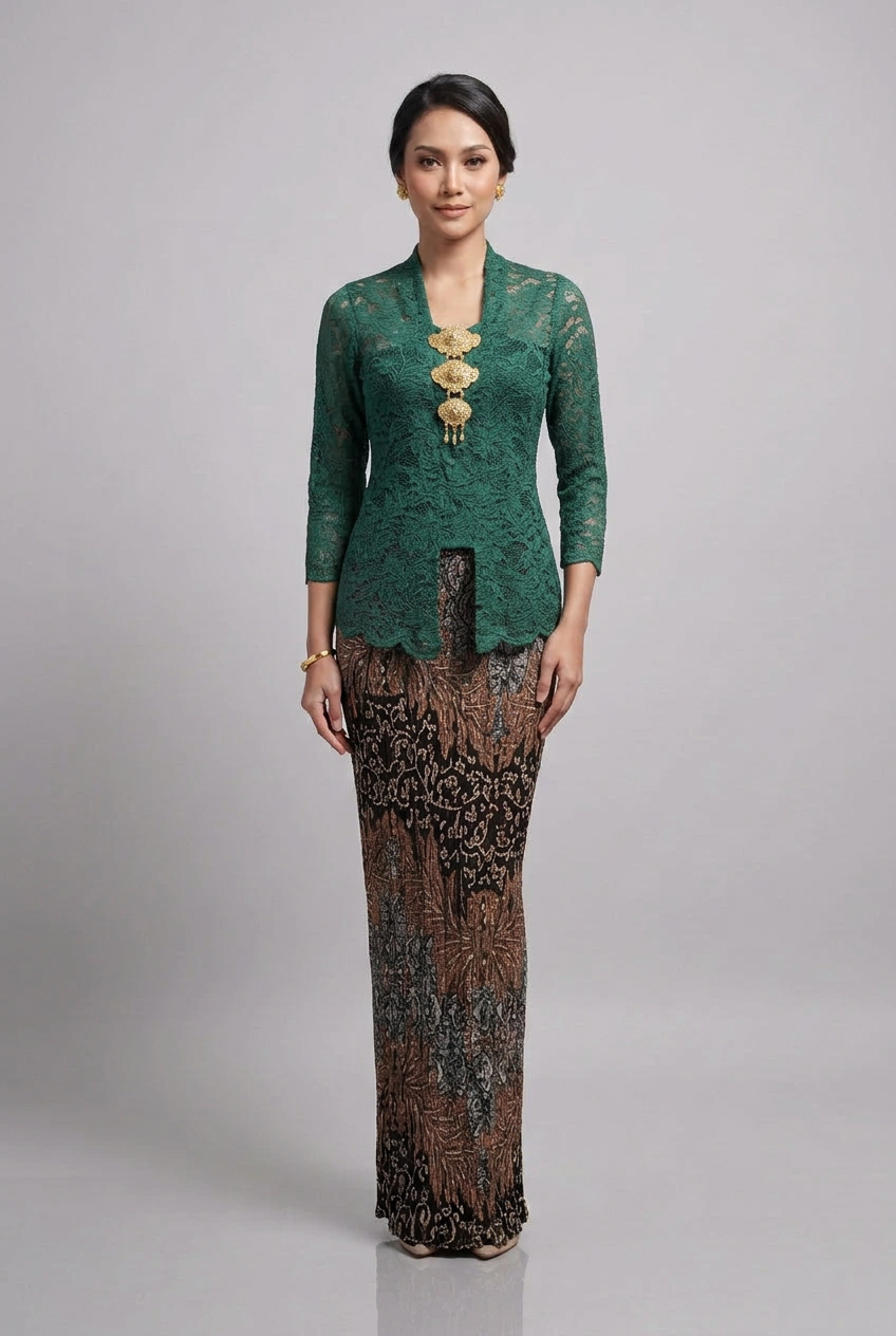 Emerald green Kebaya Saloma Set on matching model