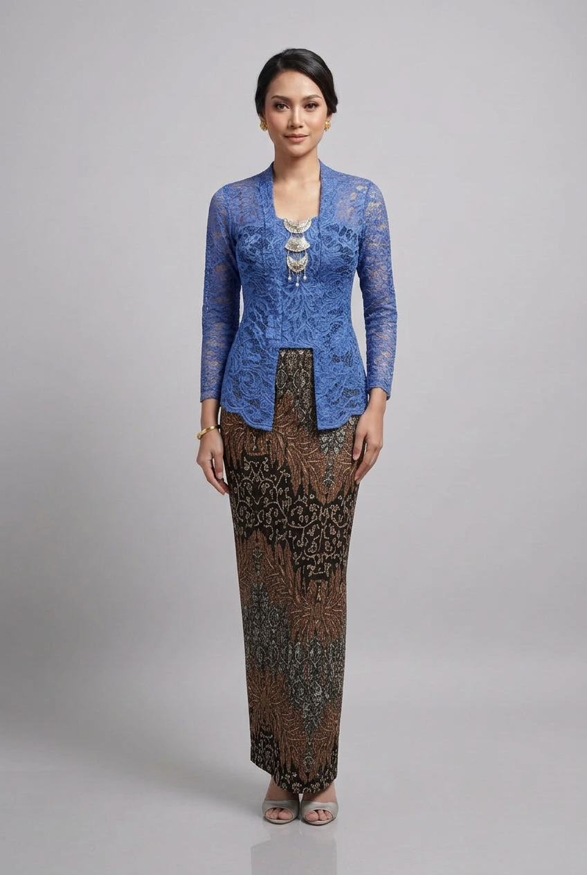 Blue Kebaya Saloma Set on matching model